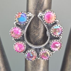 Size 6.5 Sterling Silver 925 Spiny Oyster Turquoise Horseshoe Cluster Ring